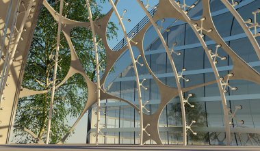 İçerideki bina gökyüzüne karşı, 3 boyutlu.