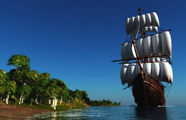 Adanın yakınındaki körfezde bir yelkenli.