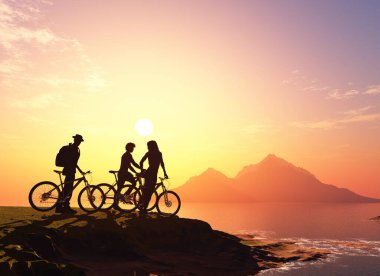 Bisikletli bir kadınla bir adam... 3 boyutlu çizim.