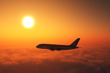 Uçak bulutların üstünde, 3 boyutlu görüntüleme.