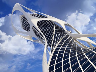 Mavi arkaplandaki modern gökdelen, 3D görüntüleme