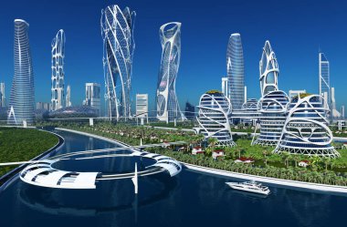 Gelecekten gelen fantastik bir şehir. 3D görüntüleme.