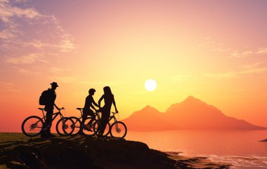 Bisikletli bir kadınla bir adam... 3 boyutlu çizim.