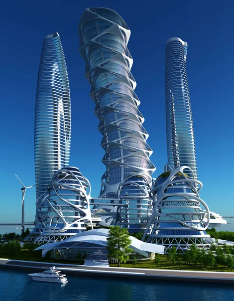 Gelecekten gelen fantastik bir şehir. 3D görüntüleme.