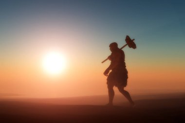 İlkel insan silueti güneşe karşı, 3 boyutlu.