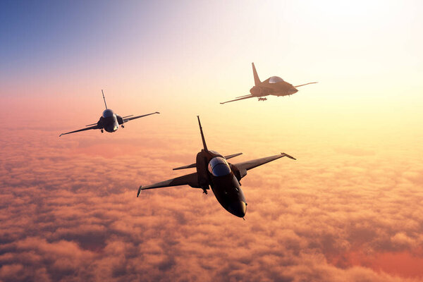 The group of military aircraft in the sky., 3d render