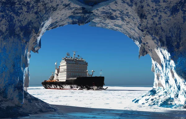断续的船在海里的冰上 3D渲染 — 图库照片