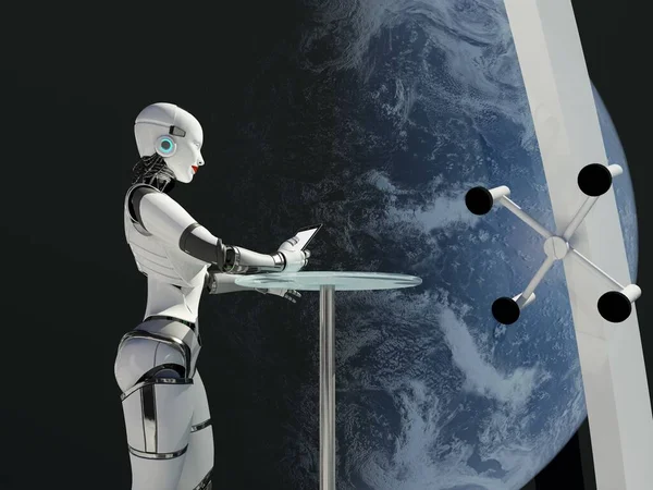 ロボットは地球への窓の外を見る Nasaによって装備されたこの画像の要素 3Dレンダリング — ストック写真