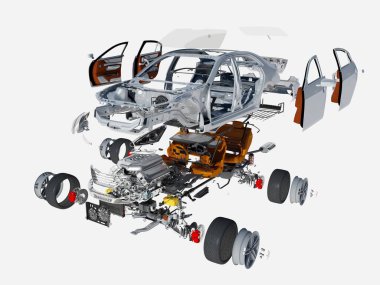 Beyaz arkaplandaki arabanın ayrıntıları., 3D görüntüleme