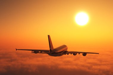 Bulutların üstündeki yolcu uçağı. 3d hazırlayıcı