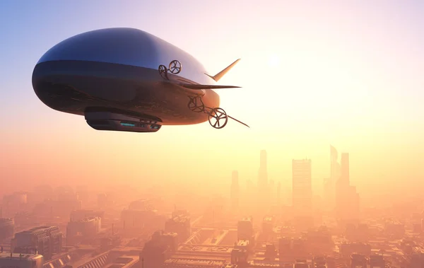 Dirigible Sobre Ciudad Render —  Fotos de Stock