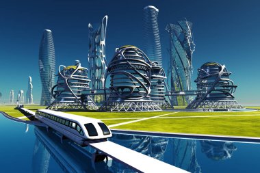 Modern şehrin arka planında bir tren. 3d hazırlayıcı