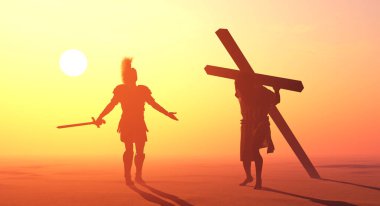 İsa gün batımında haçı taşıyor.