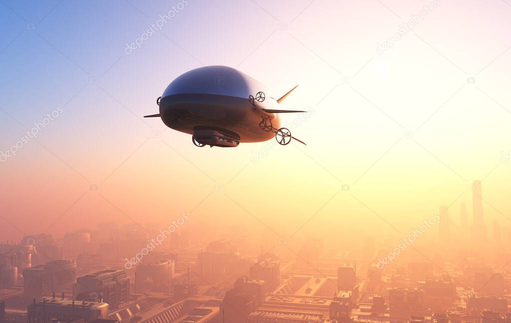 The airship above the clouds. ,3d render