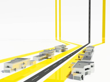 Manken, şehir ve beyaz arka planda yollar. .3d oluşturma