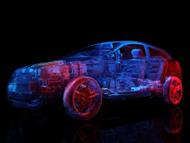 Siyah arka planda üç boyutlu model arabalar.