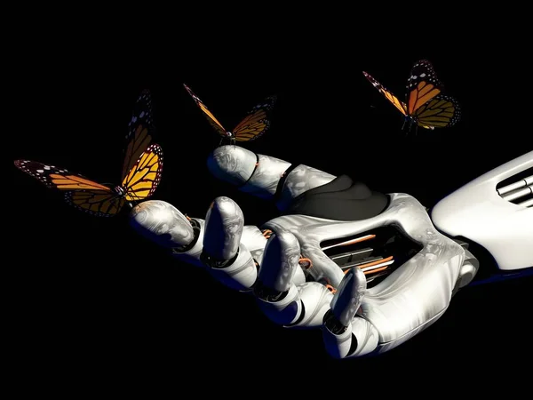 Μηχανικό Χέρι Και Μια Πεταλούδα Καθιστούν — Φωτογραφία Αρχείου