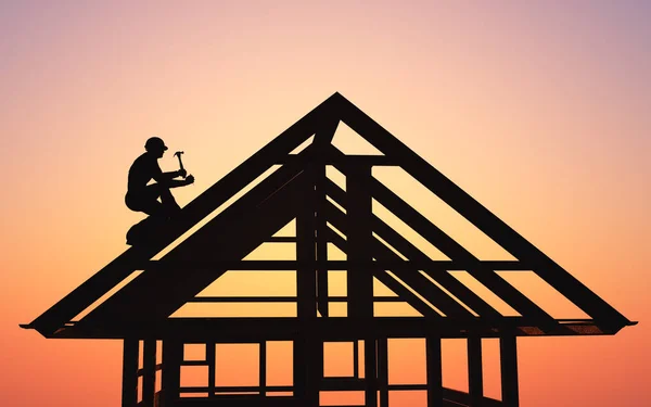 Man Builds House Hammer Render — Stock Photo, Image