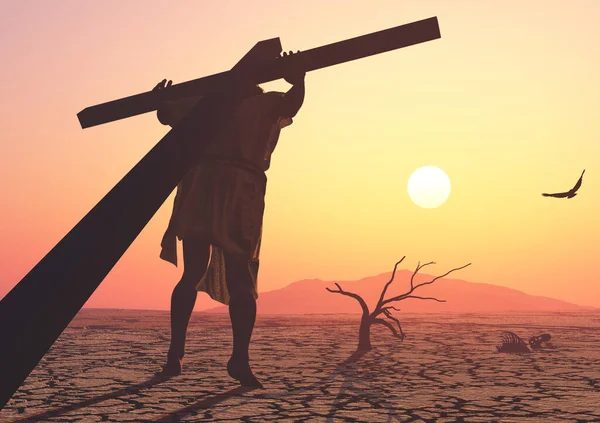 Jesus Carries Cross Sunset Render — Stock Photo, Image