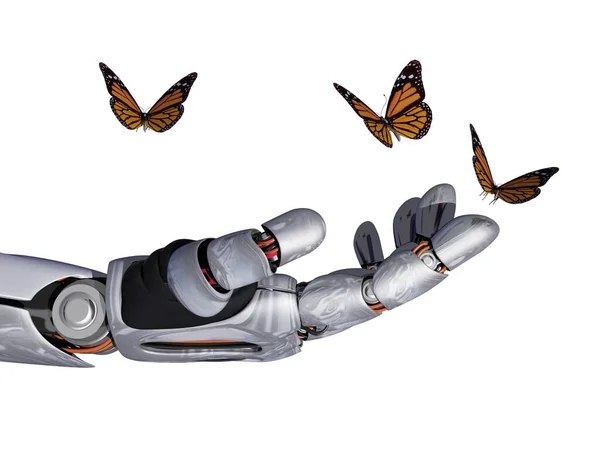 機械の腕と蝶3Dレンダリング — ストック写真
