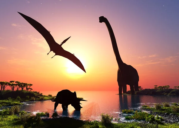 Dinosaurus Raksasa Latar Belakang Langit Berwarna Warni Render — Stok Foto