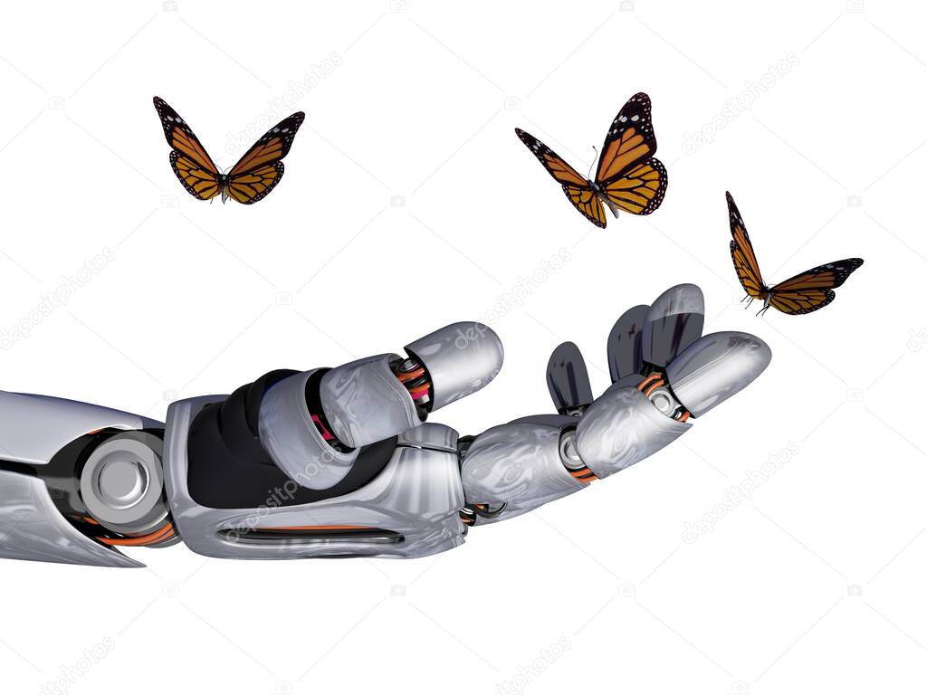 The mechanical arm and a butterfly.,3d render
