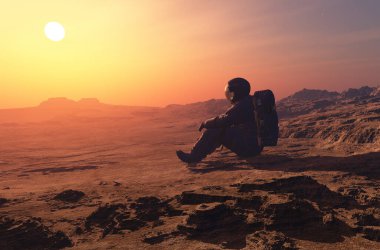Gezegenin arka planındaki astronot... 3D görüntüleme
