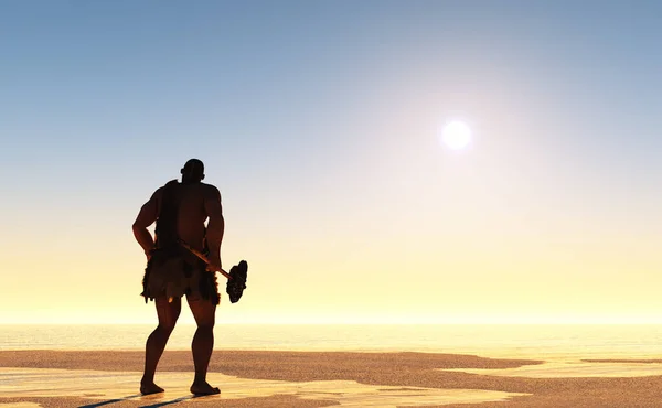 Силуэт Первобытного Человека Против Солнца Рендер — стоковое фото