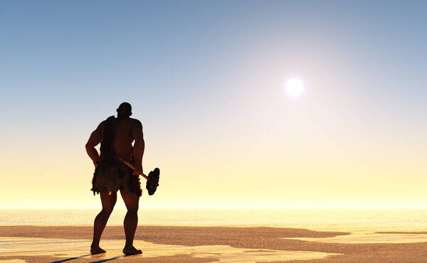 Primitive man silhouette against the sun.,3d render