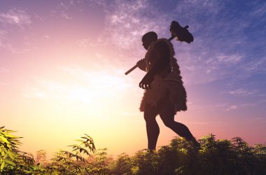 İlkel insan silueti güneşe karşı, 3 boyutlu.