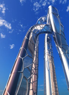 Mavi arkaplandaki modern gökdelen, 3D görüntüleme