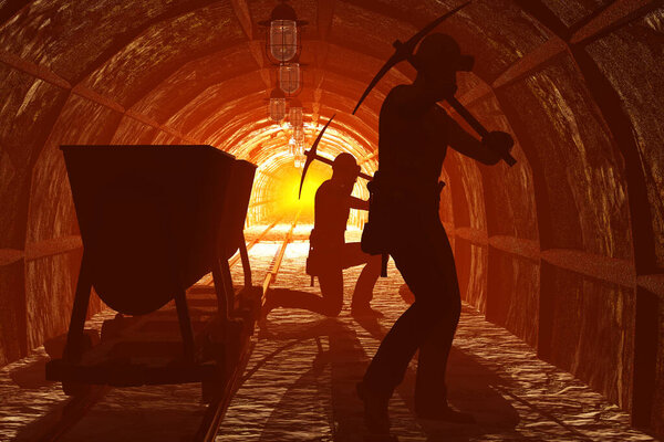 Silhouettes of workers in the mine.,3d render