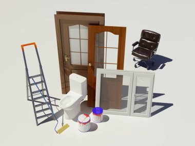 Beyaz arka plandaki pencere ve kapılar 3 boyutlu.