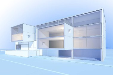 Mavi arkaplandaki bina inşaatının grafik görüntüsü, 3d oluşturma