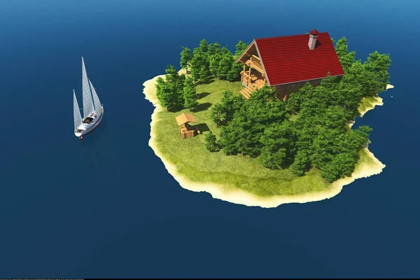Ilha Com Uma Casa Mar Renderização — Fotografia de Stock