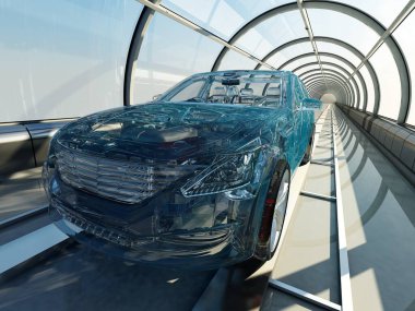 Cam bir tünelde şeffaf bir araba.