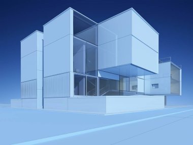 Mavi arkaplandaki bina inşaatının grafik görüntüsü, 3d oluşturma