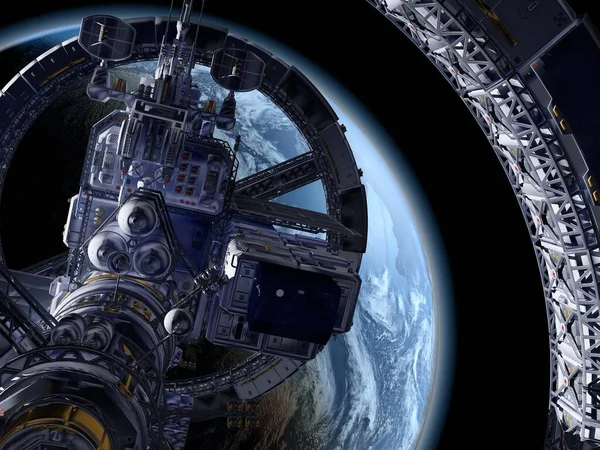 以行星为背景的宇宙飞船 3D渲染 — 图库照片
