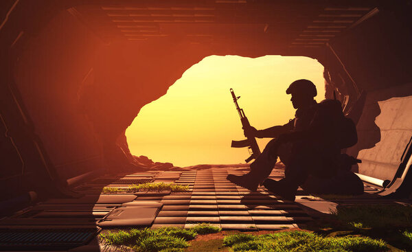 Силуэт солдата в пещере., 3d рендеринг