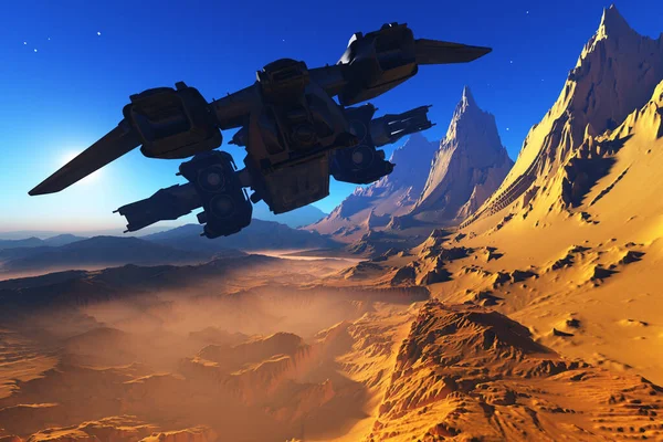 Raumschiff Auf Dem Hintergrund Des Planeten Darstellung — Stockfoto