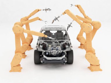 Robot grubu modern arabayı beyaz arka planda topladı, 3D görüntüleme