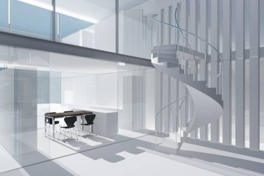 Modern bir ofisin içi, 3 boyutlu.