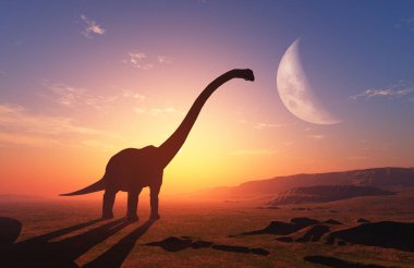 Renkli gökyüzünün arka planında dev bir dinozor var.