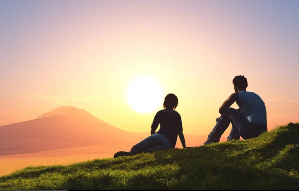 Silhouettes Hommes Femmes Sur Montagne Rendre — Photo