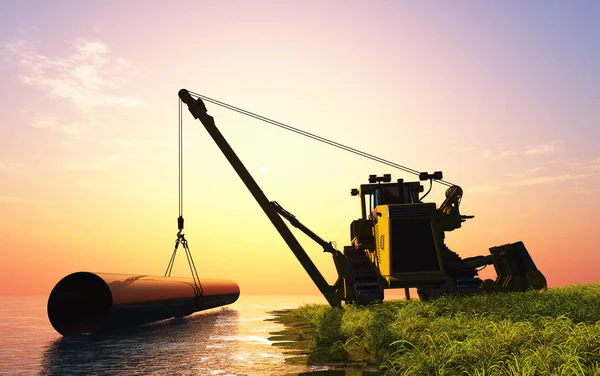 Die Baumaschine Verlegt Rohre — Stockfoto