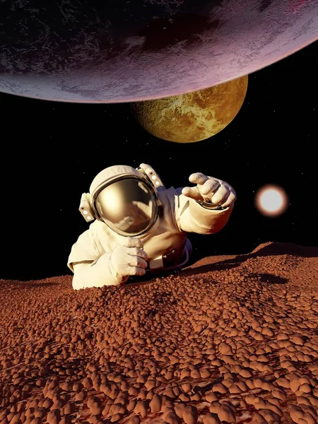 Astronauta Arrastrándose Por Planeta Render — Foto de Stock