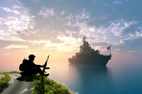 Silhouette of a soldier and ship. — Stock Photo, Image