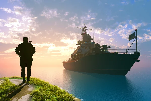 Silhouette eines Soldaten und Schiffes. — Stockfoto