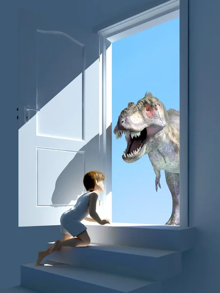 The boy and the dinosau — Stockfoto