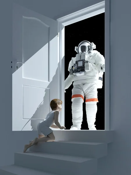 Мальчик и астронавт — стоковое фото